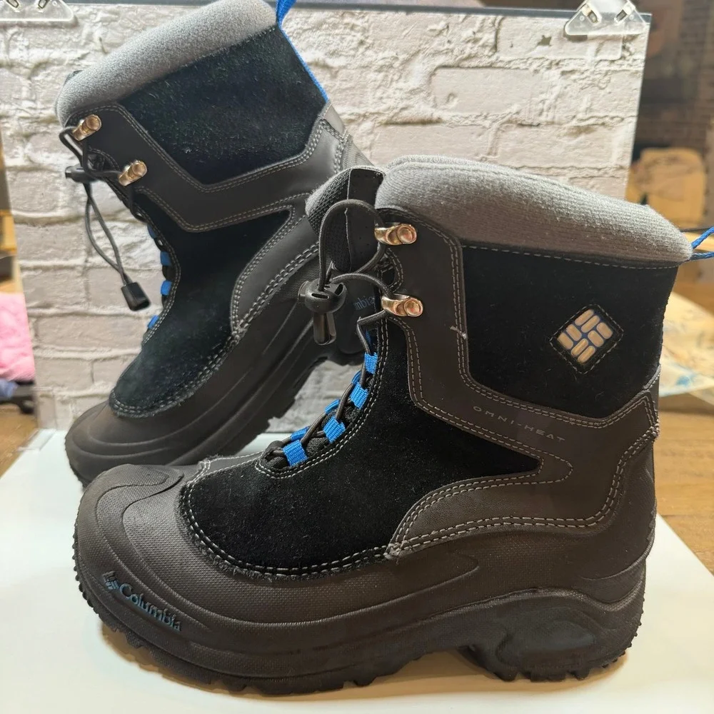 Columbia Bugaboot Omni-Heat Winter Snow Boots Youth 6 Black Blue Waterproof